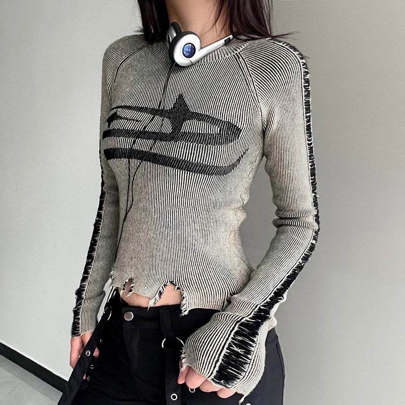'Nightmare' Gray Grunge Harajuku Ripped Sweater