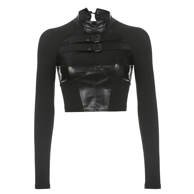 'Highway' Black Gothic PU Fake Leather Patchwork Top