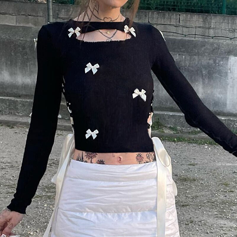 'In Motion' Black Kawaii Lace Up Bow Crop Top