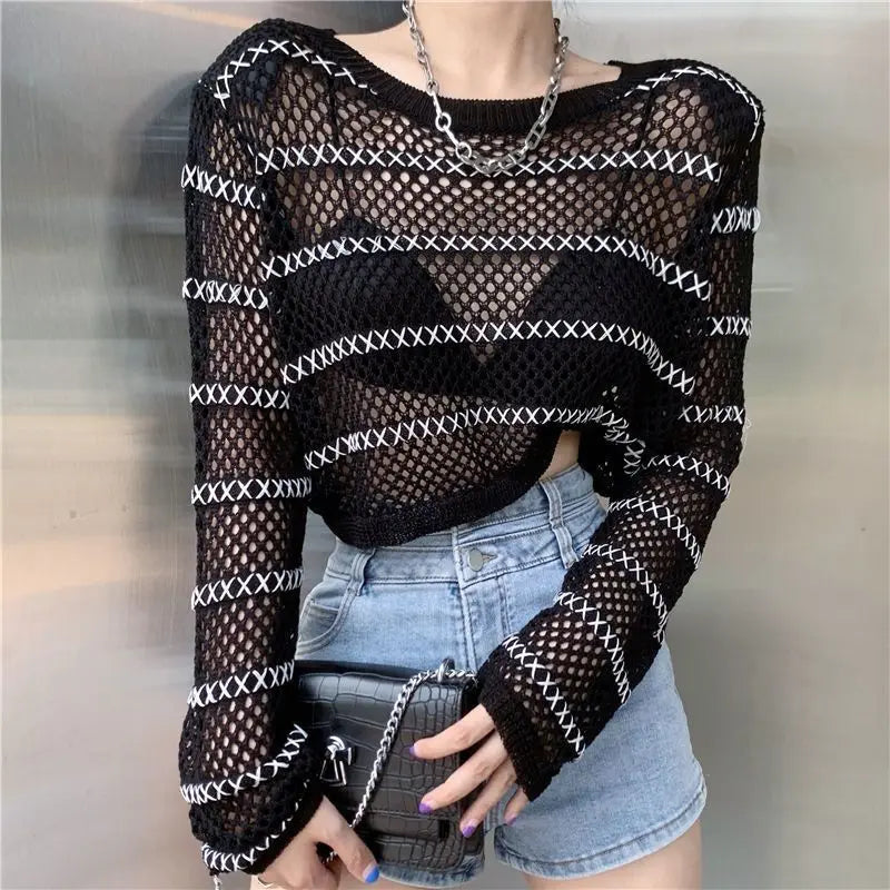 'Black to the Future' Black Grunge Striped Contrast Sweater