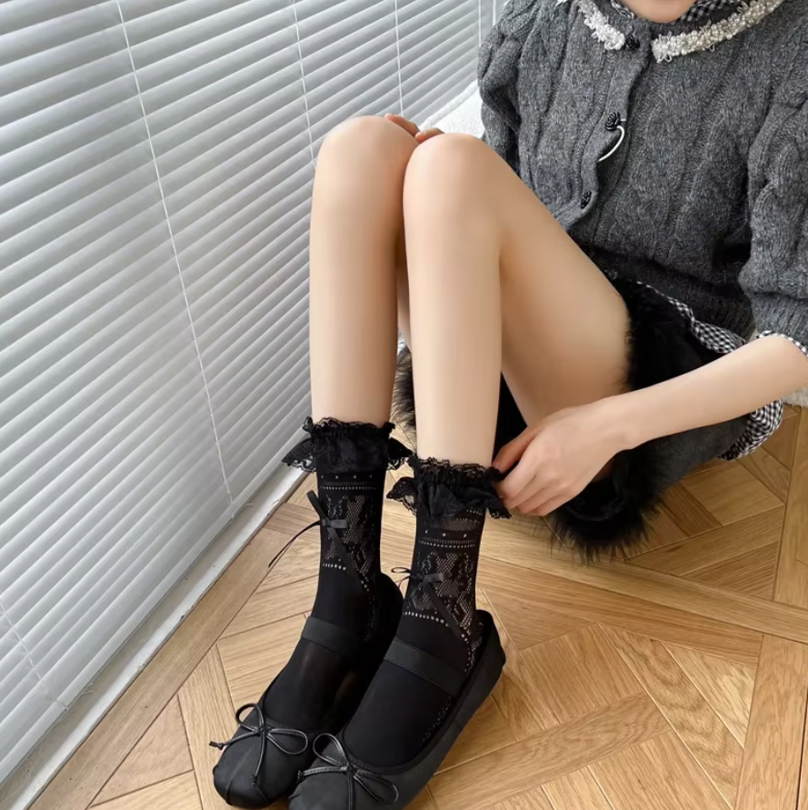 Black Lolita Transparent Bow Mesh Socks