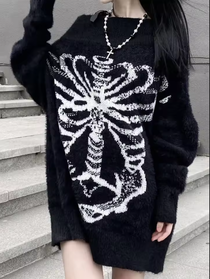 Black Goth Rib Cage Print Harajuku Sweater
