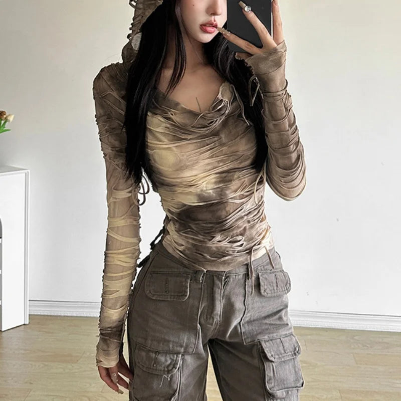 Grunge 'Wasteland' Y2k Tie Dye Print Ripped Long Sleeve Hooded Top