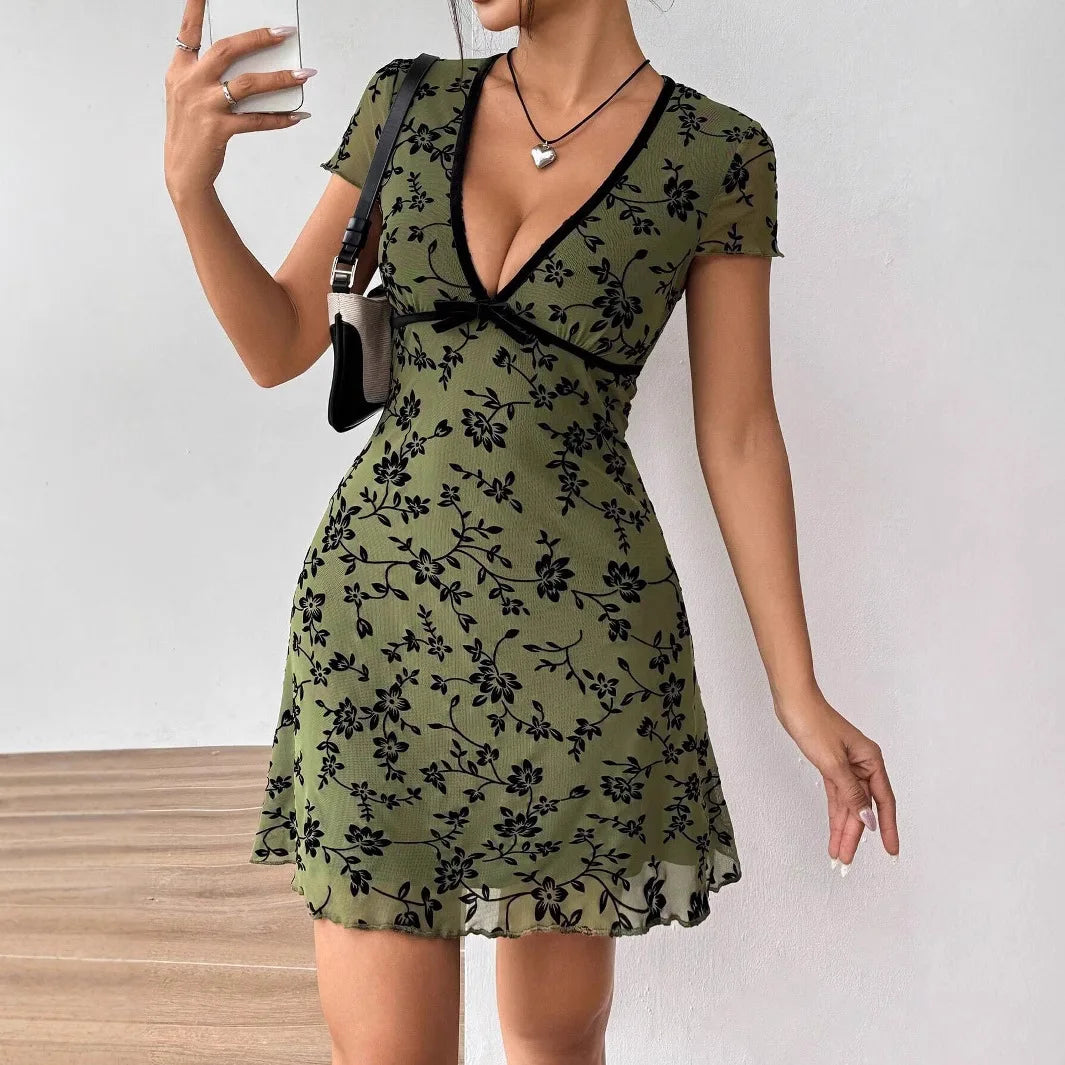 Green Grunge Floral Deep V-Neck Bow Dress – Rags n Rituals