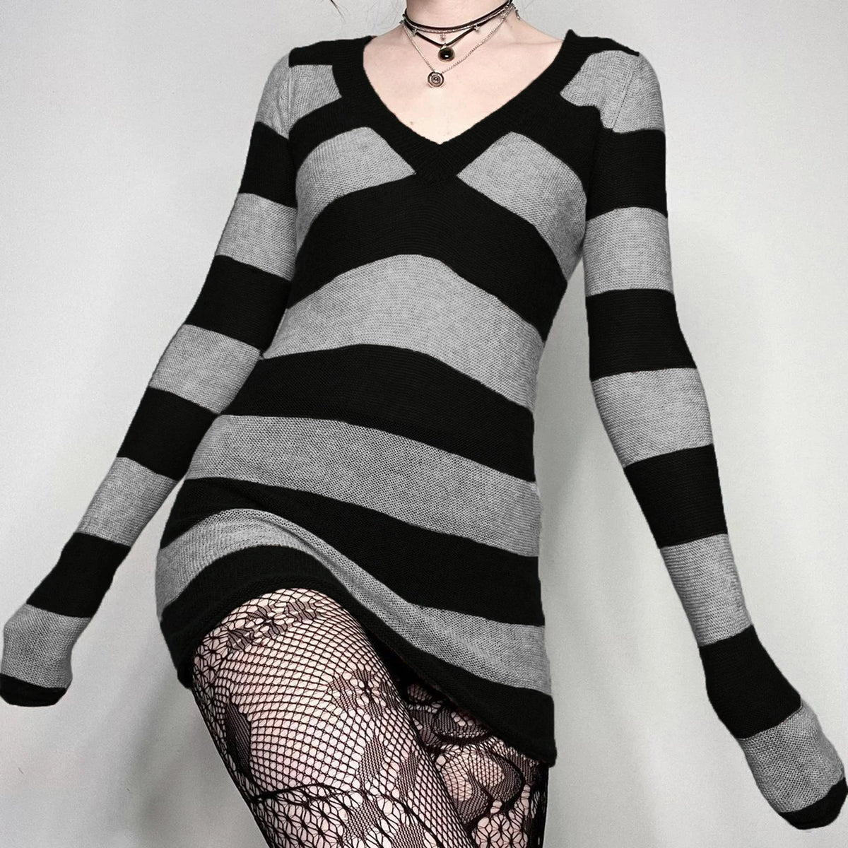 Grunge Black Knitted Striped Sweater