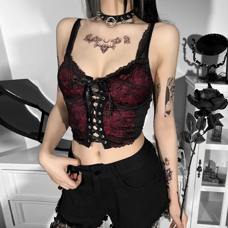 'Parlour' Black and Red Lace Gothic Cami Top