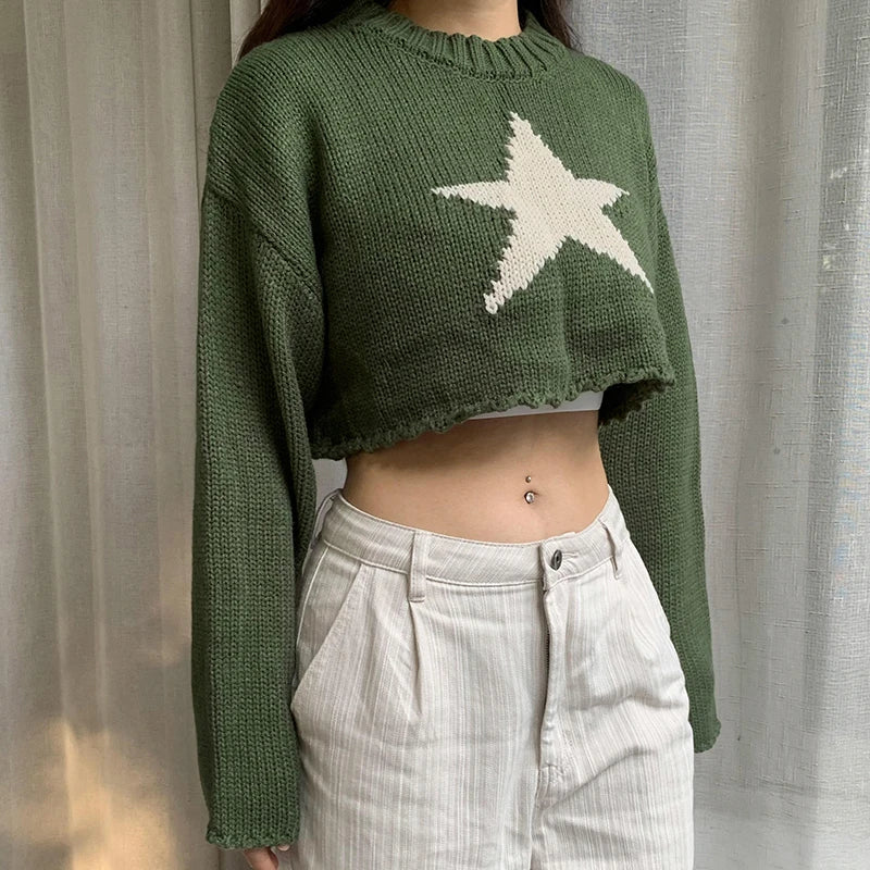 Green Fairycore Star Knitted Crop Top