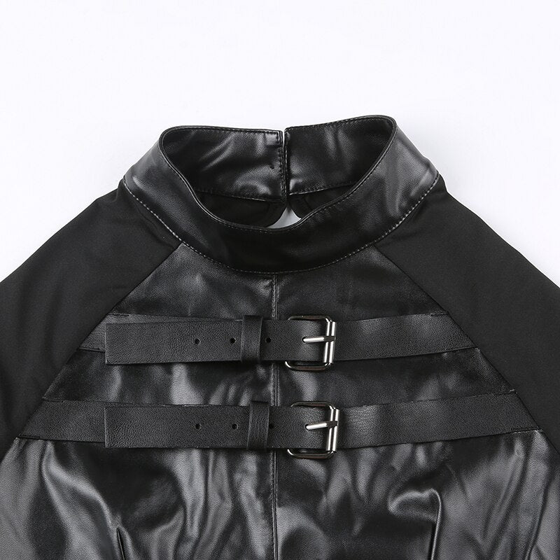 'Highway' Black Gothic PU Fake Leather Patchwork Top