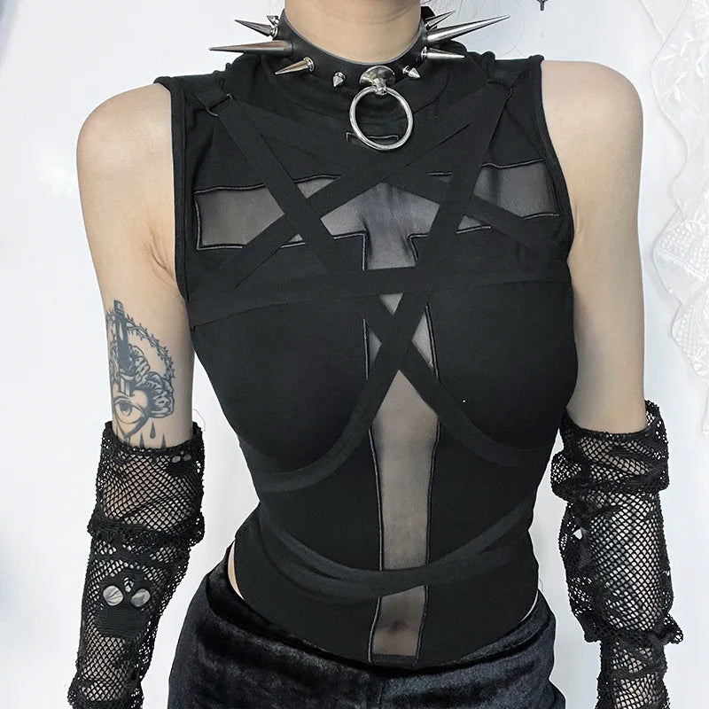Black Goth Raver Sleeveless Vest Top