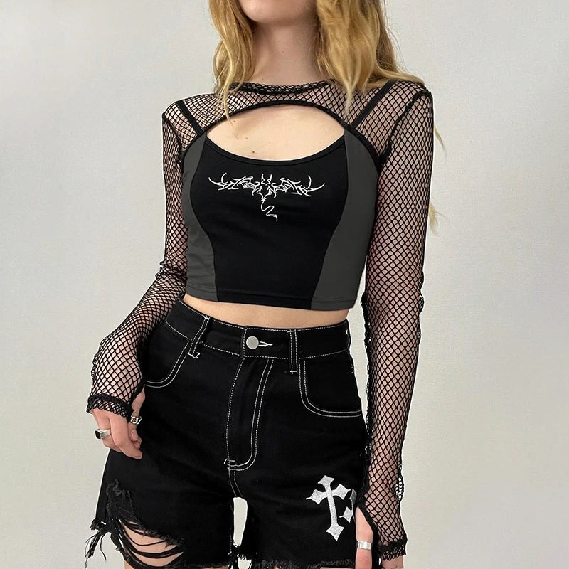 'Long Night' Black Top with Fishnet Sleeves and Front Goth 00's Style
