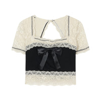 'Farewell' Black and Beige Kawaii Square Collar Bow Top or Set