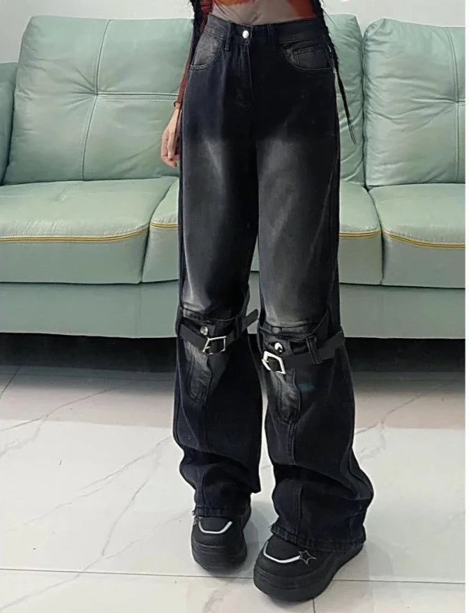 'Down with the devil' Black Baggy Buckle Pants