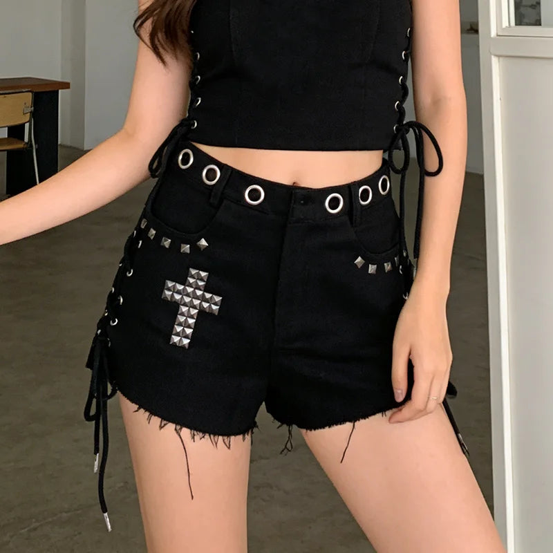 Black Goth Cross Grunge Shorts