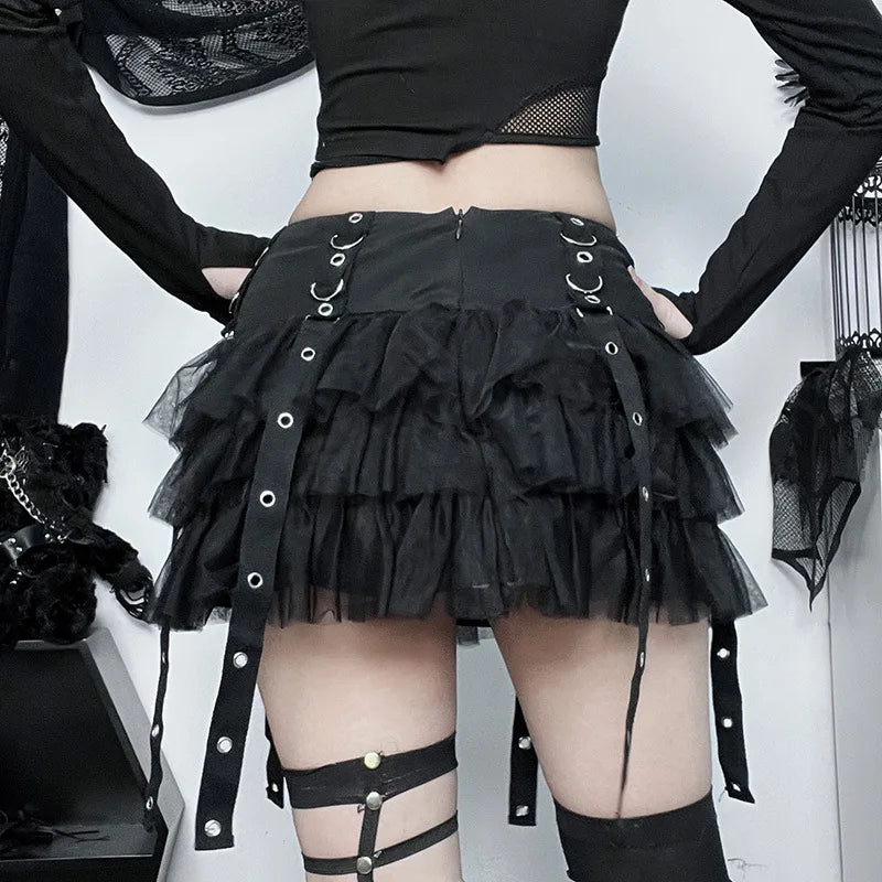 'Dark Fairytale' Black Ruffle Buckle Goth Mini Skirt