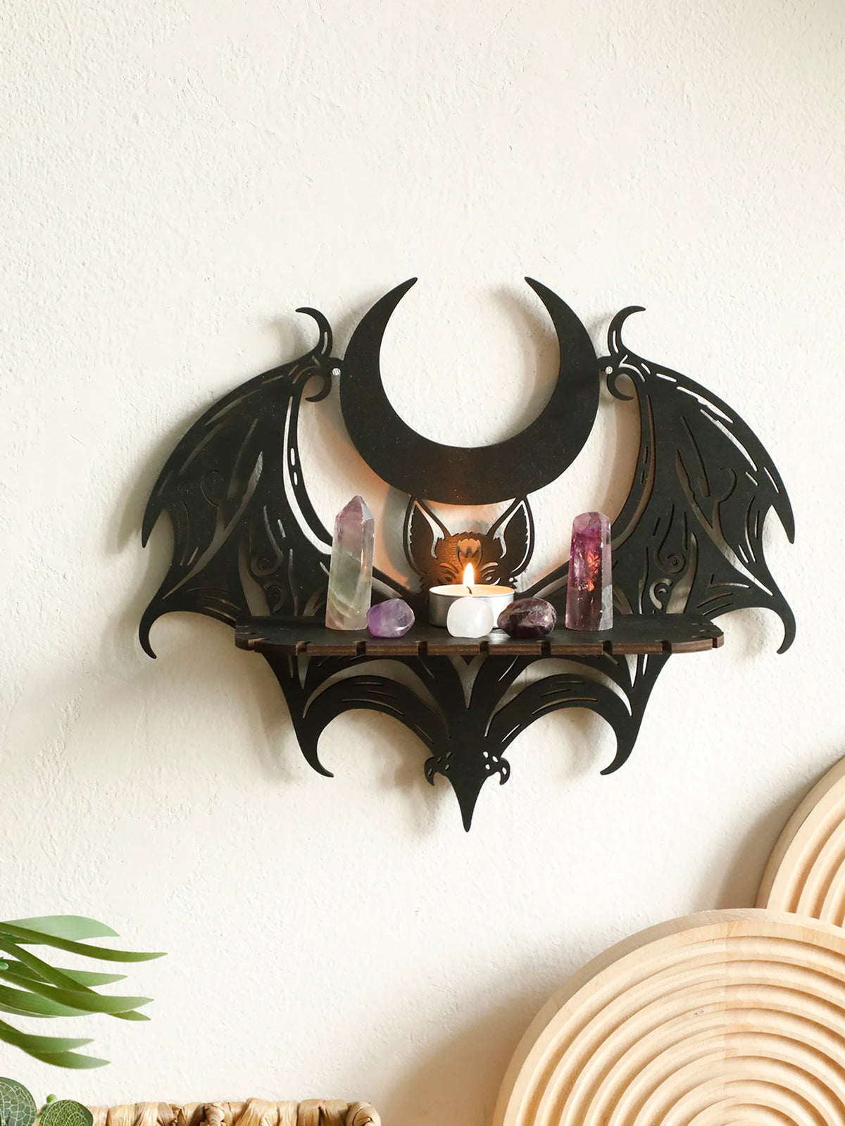 Black Bat Wooden Wall Shelf