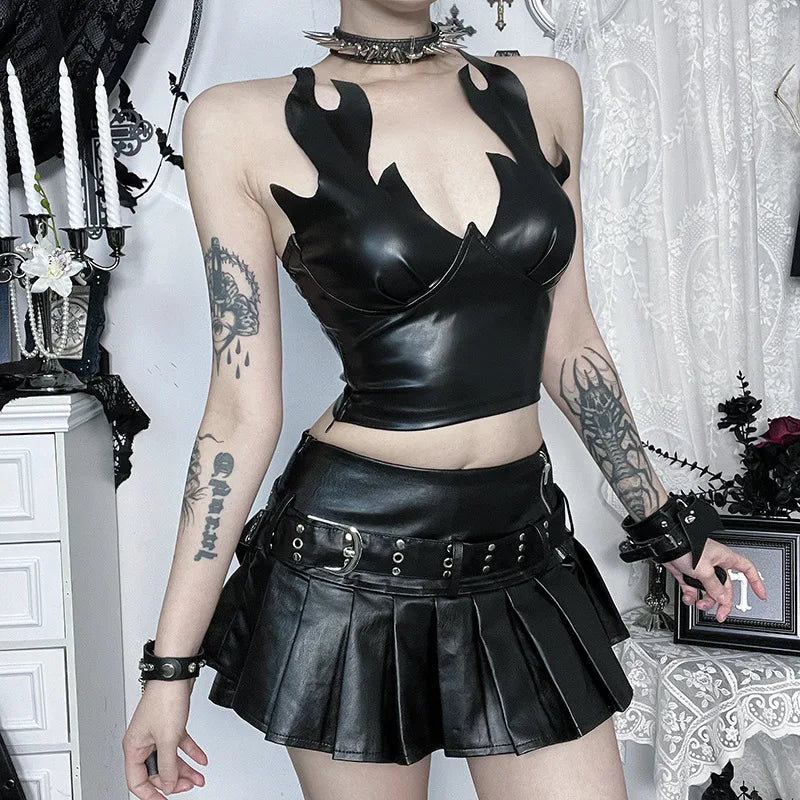 'Into the Fire' Black Goth PU Leather Cami Top