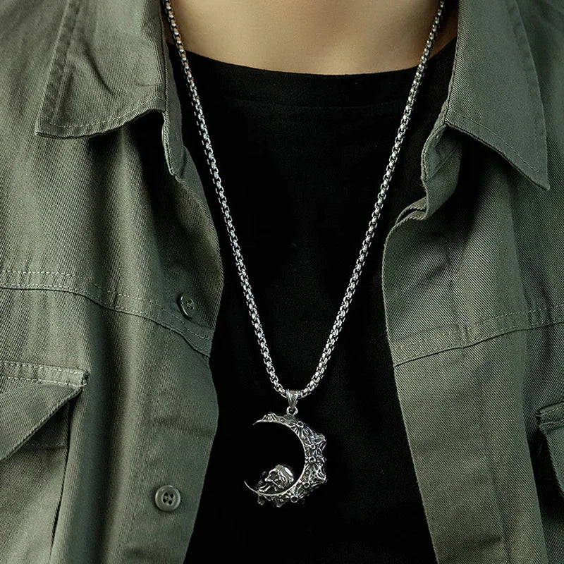 Silver Steel Skull Moon Themed Necklace