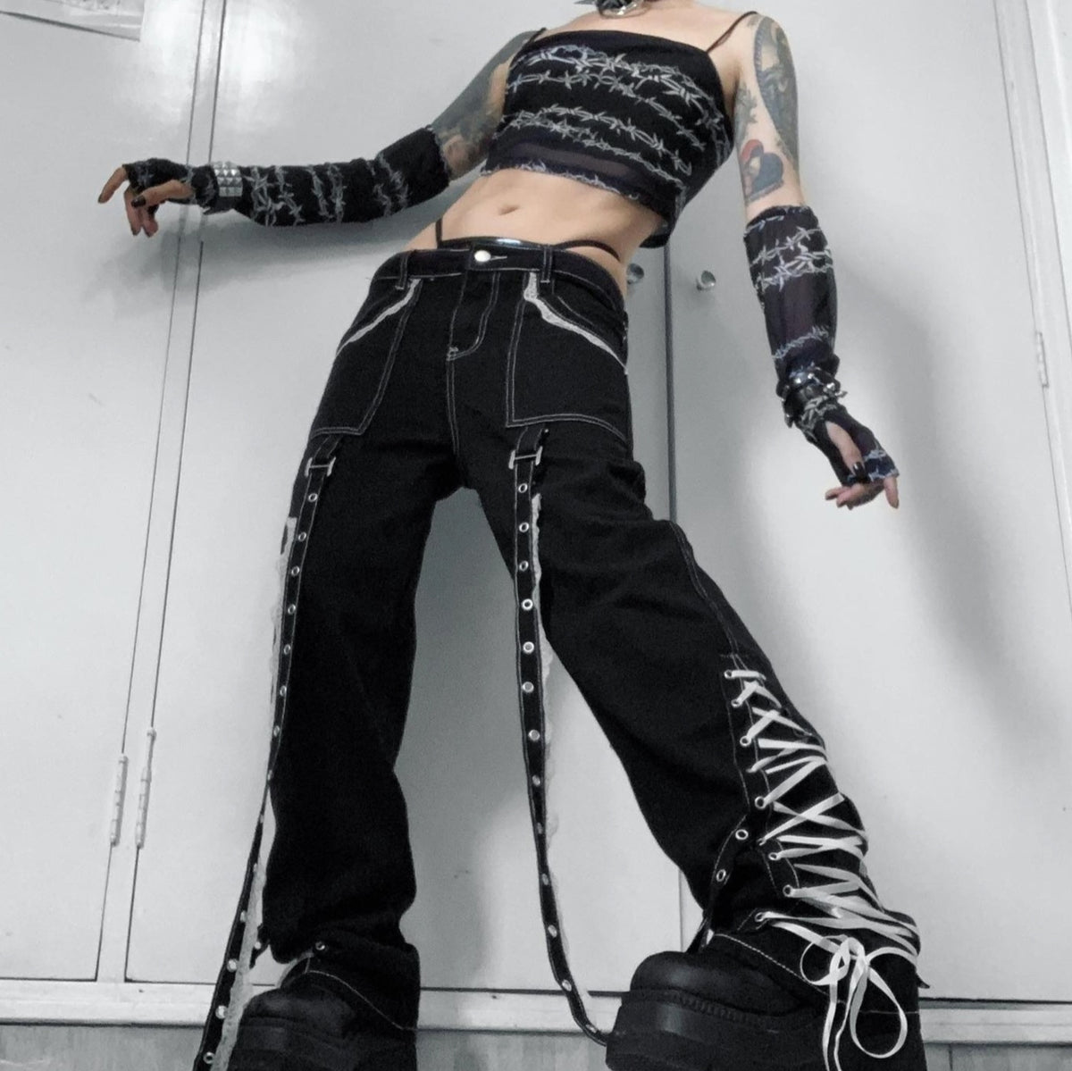 'Frost Bite' Black and White Lace Up Baggy Grunge Goth Pants