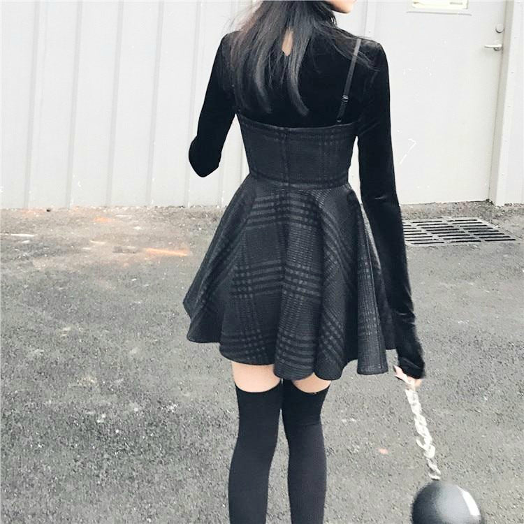 black plaid dress 'Sorrow' Black and Grey Grunge Plaid Dress only the strap Dress / XXL
