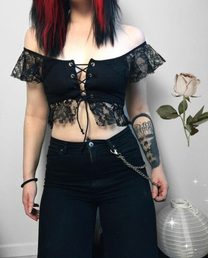 Rags n Rituals 'Mad Hatter' Black lace off the shoulder top at $24.99 USD