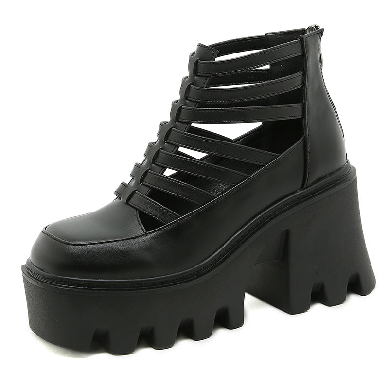 Gothic Black Alt Retro PU Faux Thick Sole Platform Shoes