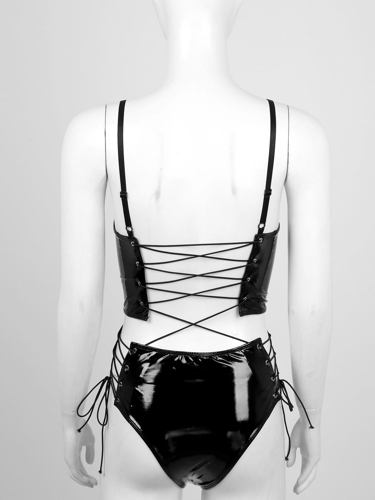 'Only Time' Black Goth Wet Look Patent Fake Leather Bodysuit