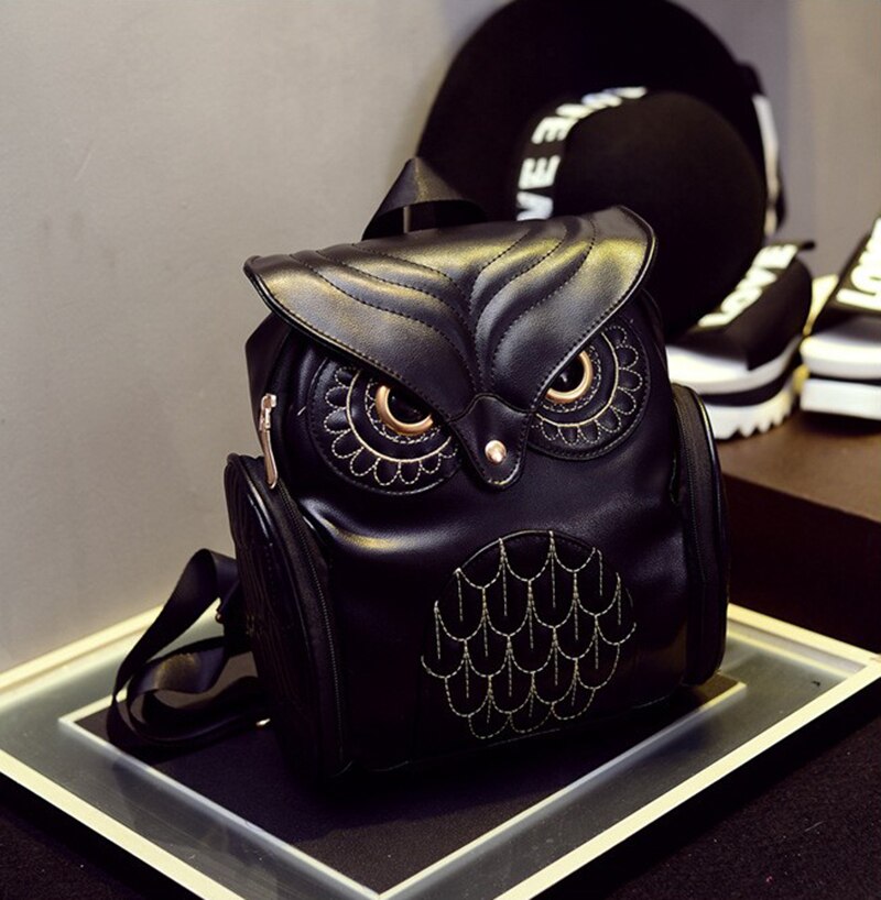 Black Faux Fake Leather Owl Embrodiery Backpack