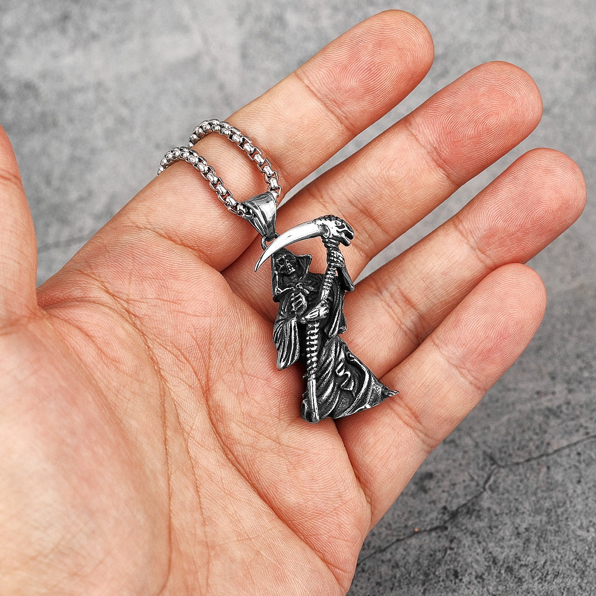 Grim Reaper Scythe Skull Stainless Steel Necklace