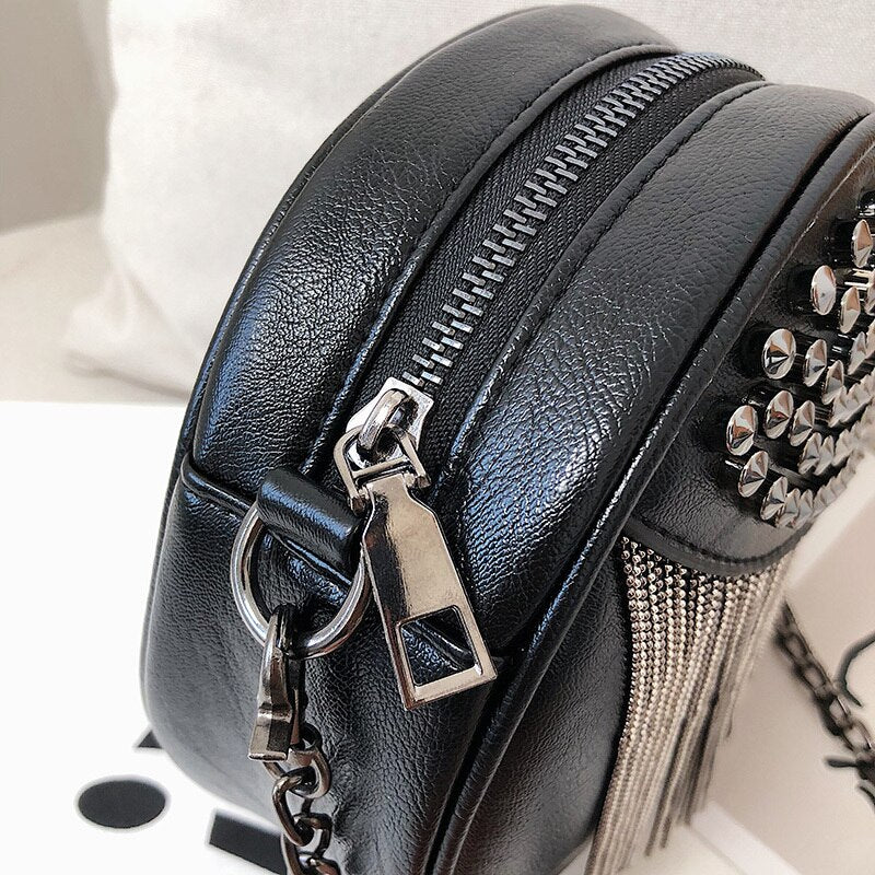'Abyss' Round Black Tassel Gothic Stud Rivet Shoulder Handbag