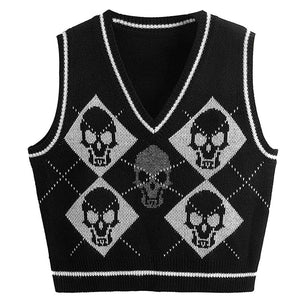Black and White Skull Checkerboard Goth Sweater Vest