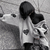 'Heart Attack' Grey Grunge Love Embroidery Sweater