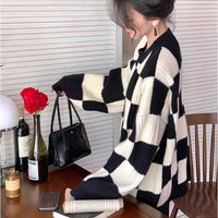 'Mono' Black Balloon Sleeve Checkerboard Sweater