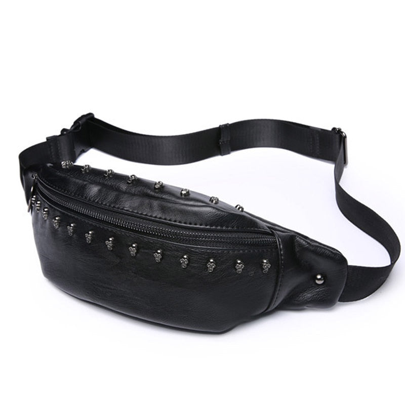 Black Skull Faux Leather Fanny Pack - Goth Chest Bag, Phone Pouch
