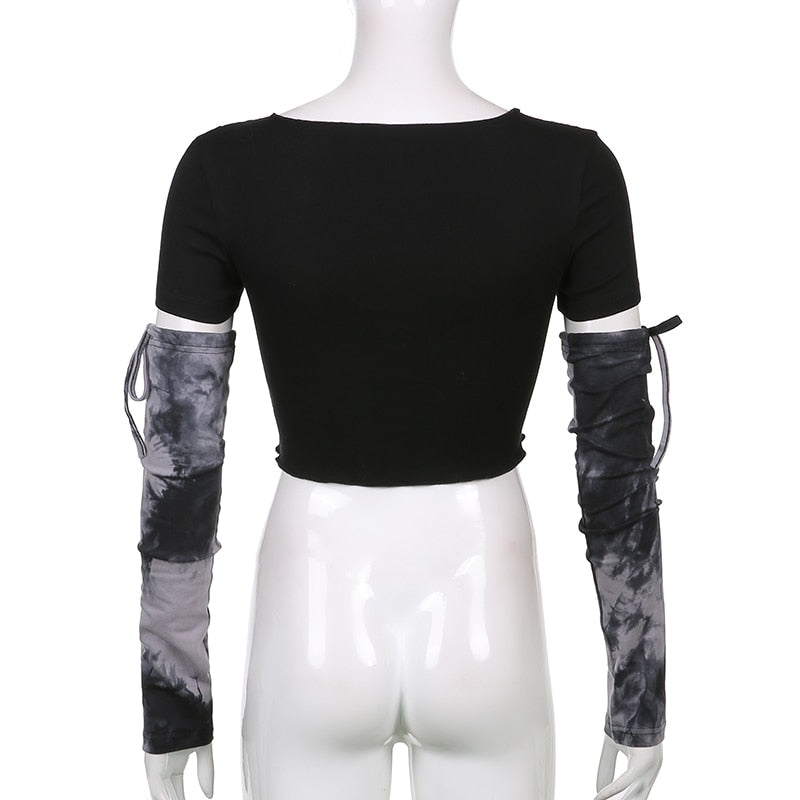 Black Tie Dye Grunge Crop Top With Arm Gloves