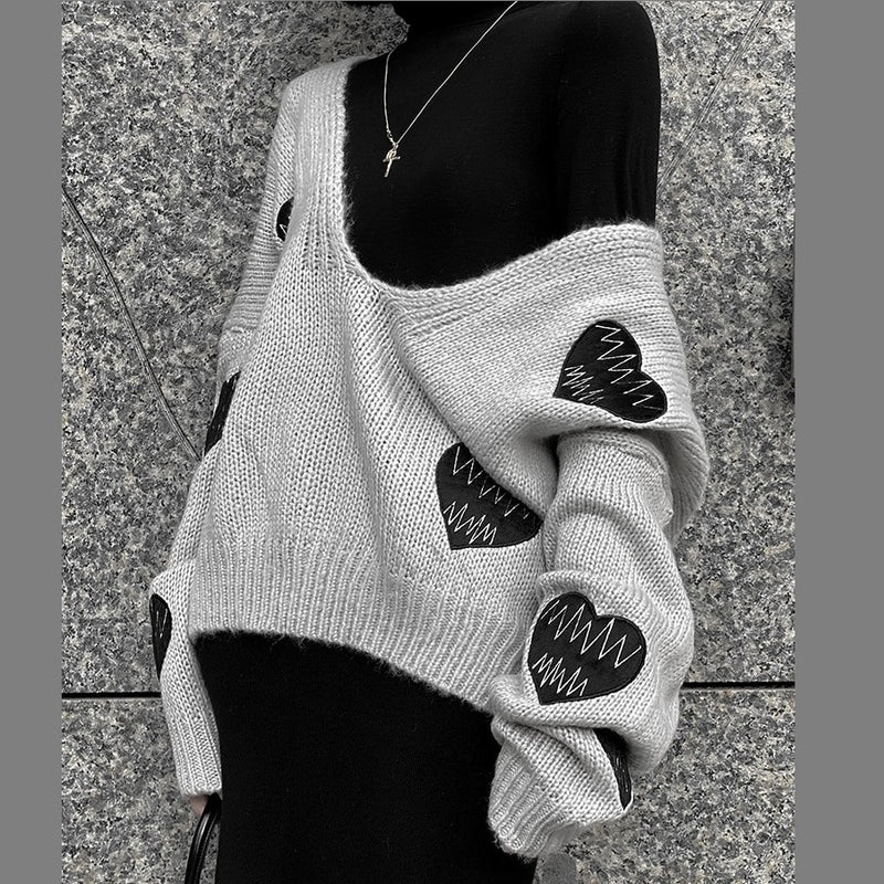 'Heart Attack' Grey Grunge Love Embroidery Sweater