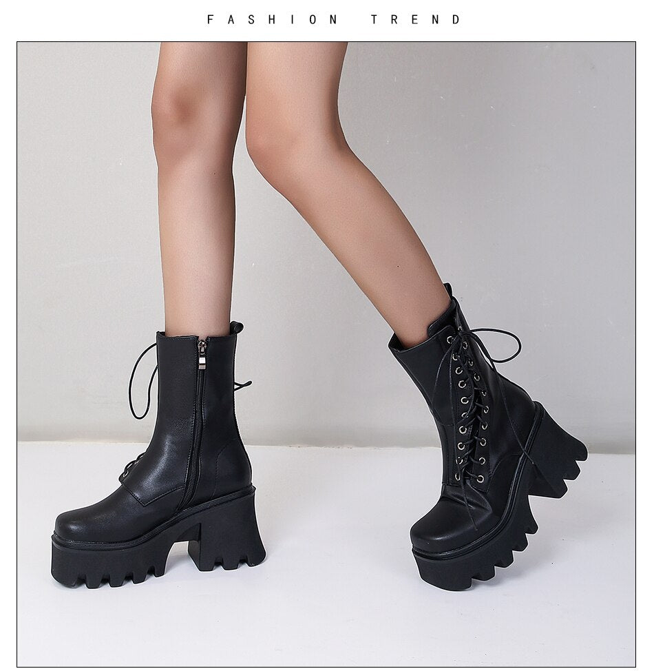 'Dusk' Chunky Black Lace Up Faux PU Leather Boots