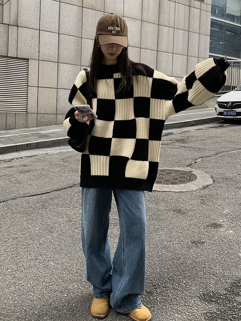 'Mono' Black Balloon Sleeve Checkerboard Sweater