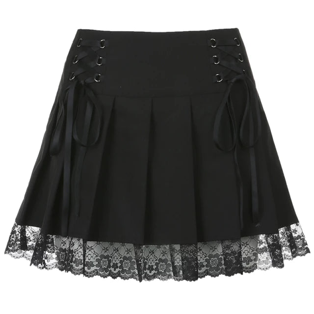 'Saw' Black Grunge Lace up Mini Skirt