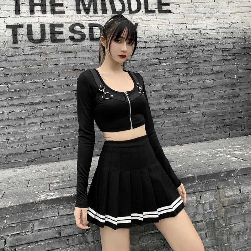 Deadly Delight' Black Grunge Skirt with White Stripes Black / Xs