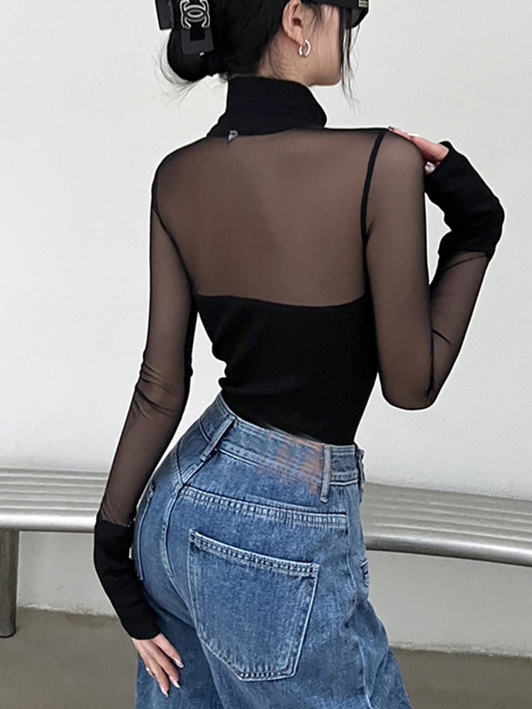 'Perception' Black Alt Gothic Mesh Transparent Bodysuit