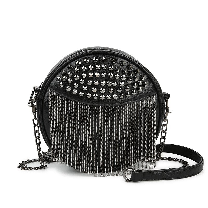 'Abyss' Round Black Tassel Gothic Stud Rivet Shoulder Handbag