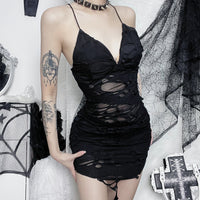'End of All' Black Alt Grunge Bodycon Tatterted Mini Dress
