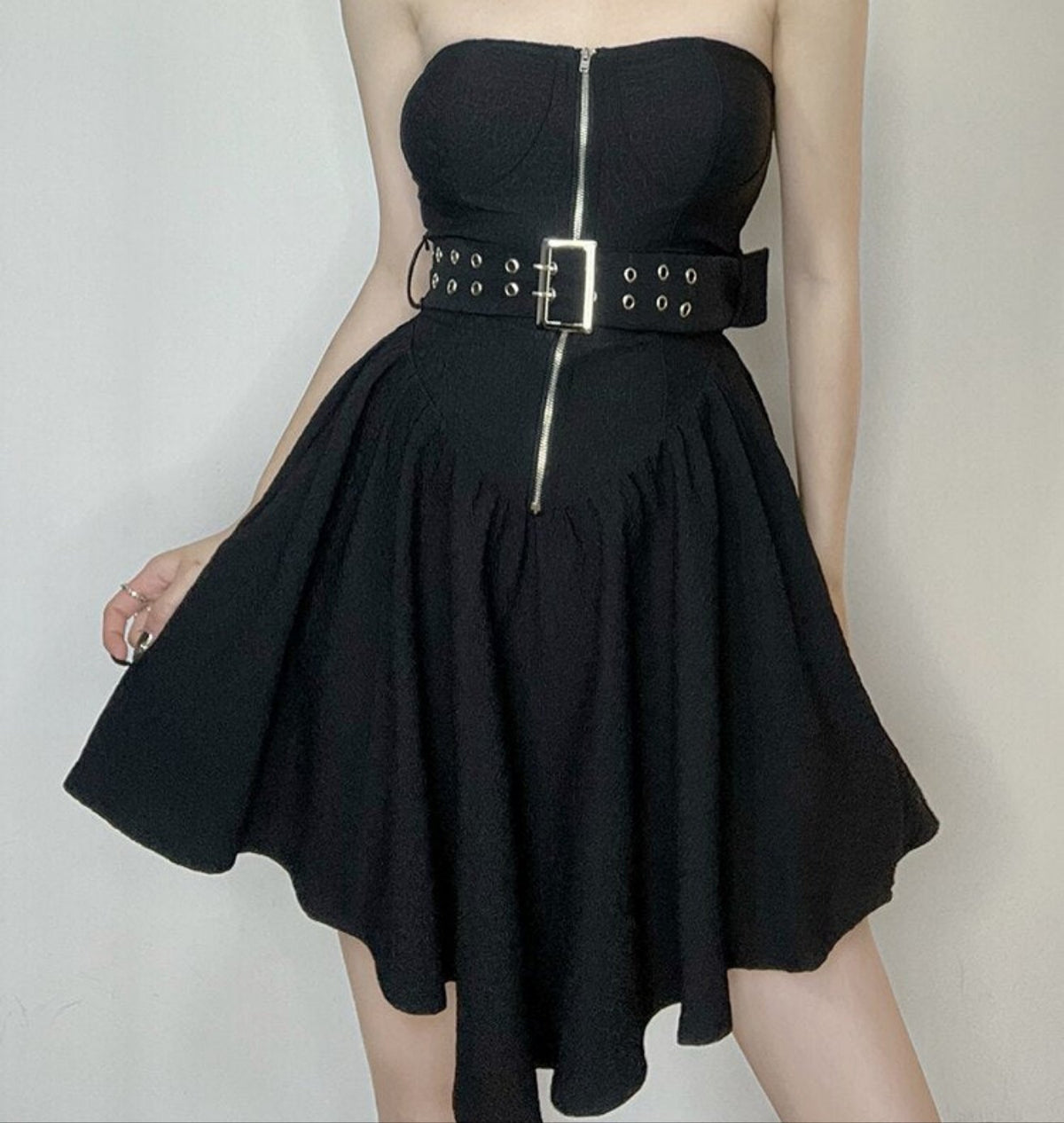 Apocalypse black strapless belted dress