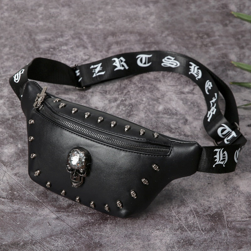 Black PU Leather Alternative Skull Unisex Waist Bag