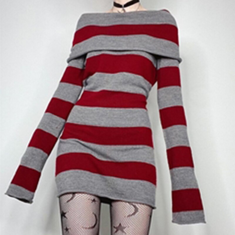 'Embers' Mini Black & Grey / Red & Grey Sweater Dress