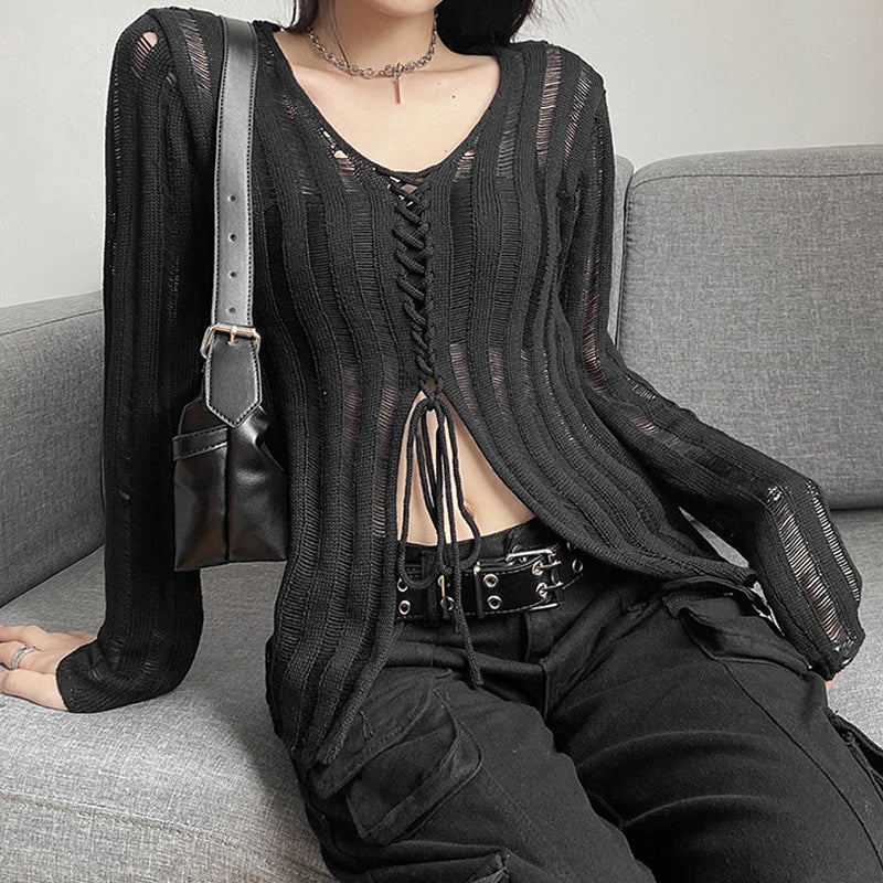'Sting' Black lace up laddered sweater