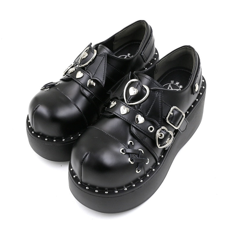 'Wednesday' Black Gothic Alternative PU Platform Buckle Shoes