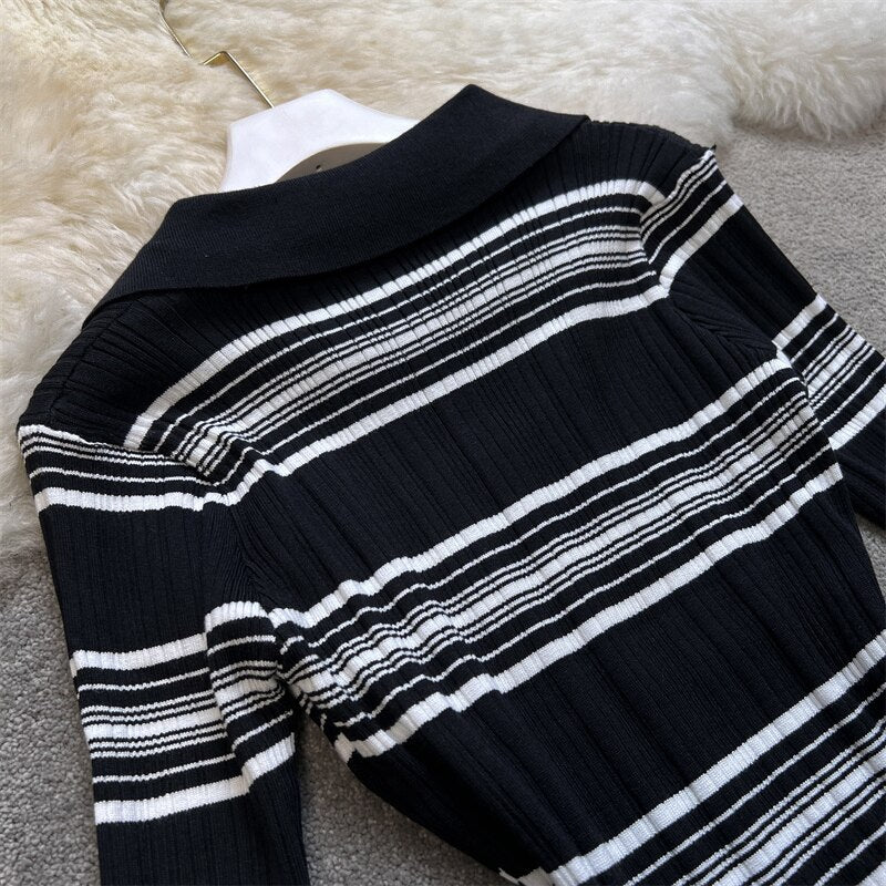 'Pandora' Black & White Striped Midi Bodycon Long Sleeved Knitted Dress