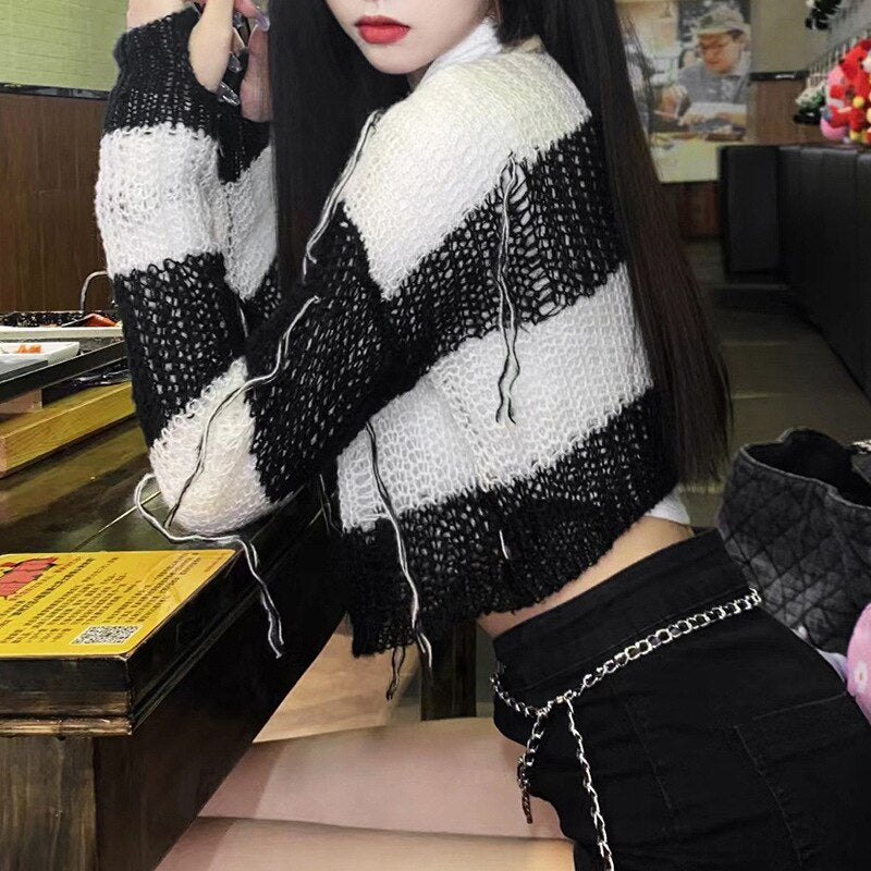 'From the Crypt' Striped Black & White Cropped Goth Sweater