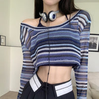 'Shades of Blue' Open Knit Long Sleeved Cropped Top